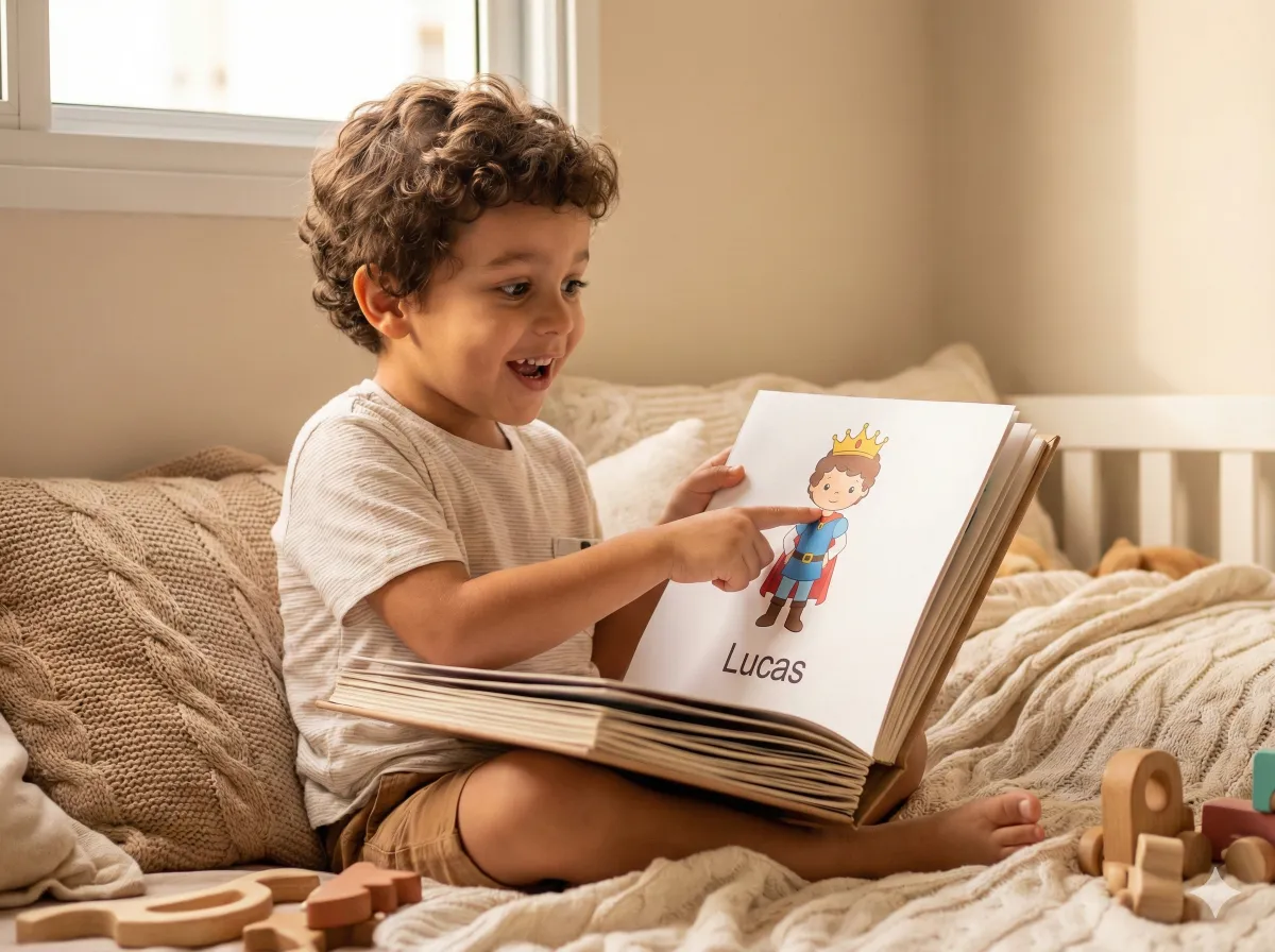Criança lendo seu livro personalizado